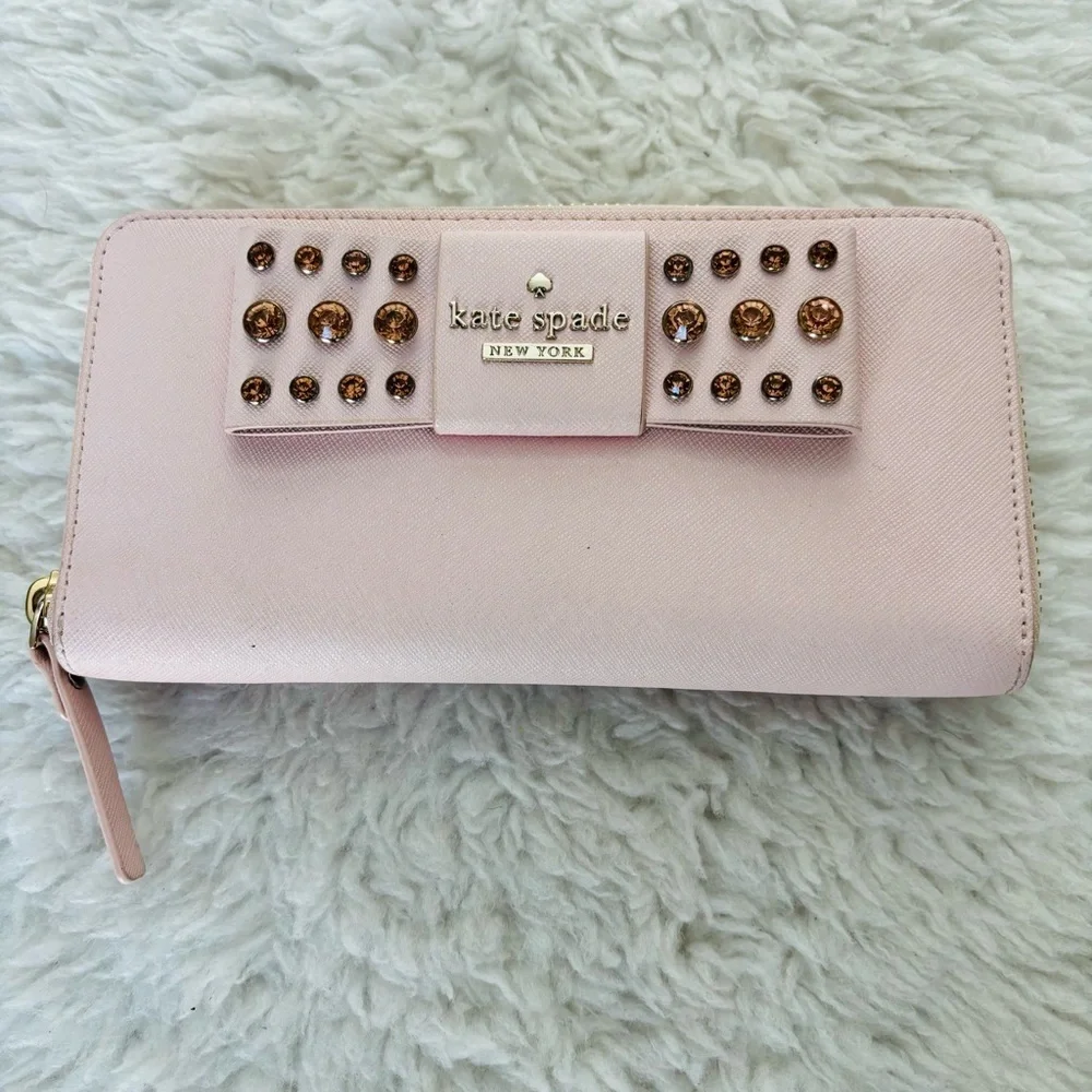 Kate Spade Pink Leather w/ Bow w/ Rhinestone zip around Long Wallet